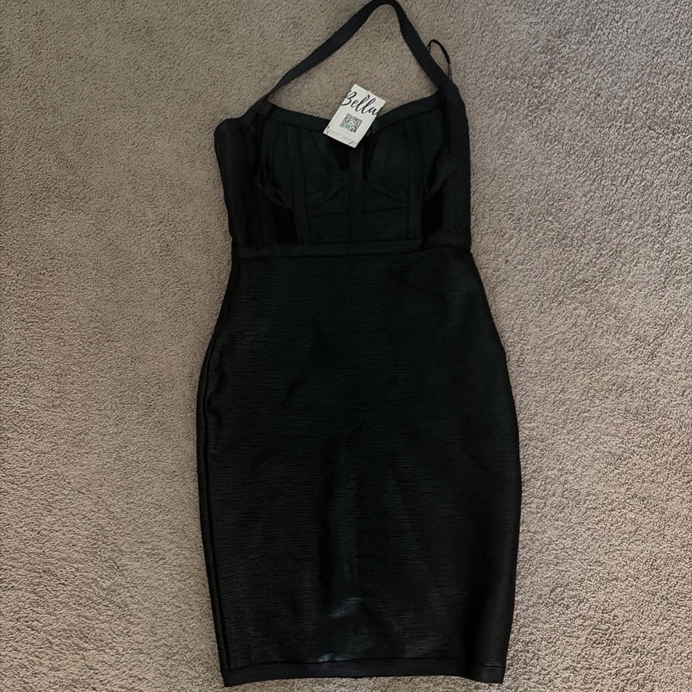 Bella Black One-Shoulder Midi Bodycon Dress